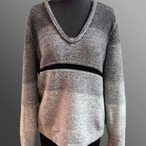 HELMUT LANGE Gray And Black Stripe Fade V-Neck Sweater